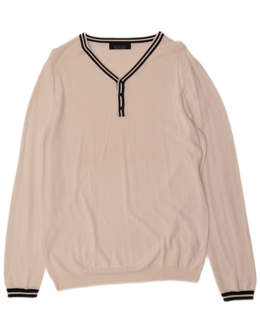 ZARA Mens V-Neck Jumper Sweater Large Off White Colourblock Viscose
