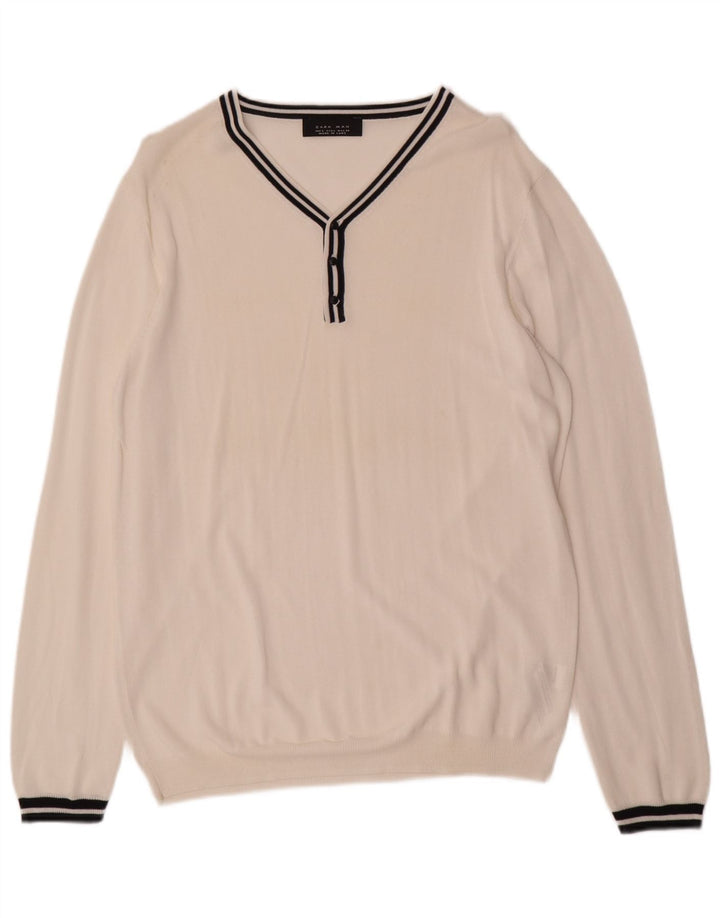 ZARA Mens V-Neck Jumper Sweater Large Off White Colourblock Viscose