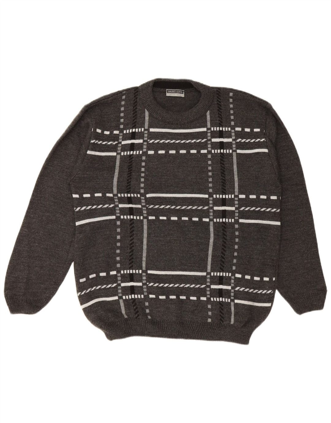 Maglione maglione girocollo da uomo Basicline UK 42/44 Acrilico a quadri grigi grandi