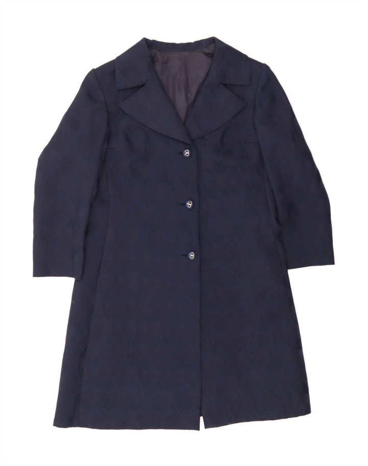 VINTAGE Womens Abstract Pattern Overcoat UK 14 Large Navy Blue Vintage Vintage and Second-Hand Vintage from Messina Hembry 