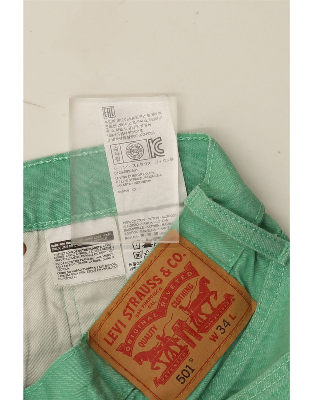 Pantaloncini di jeans Levi's 501 da donna W34 grandi in cotone verde