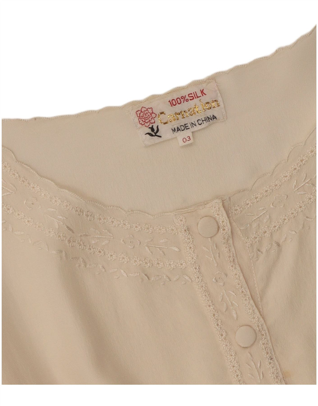 Top camicetta da donna VINTAGE UK 16 grande seta bianco sporco