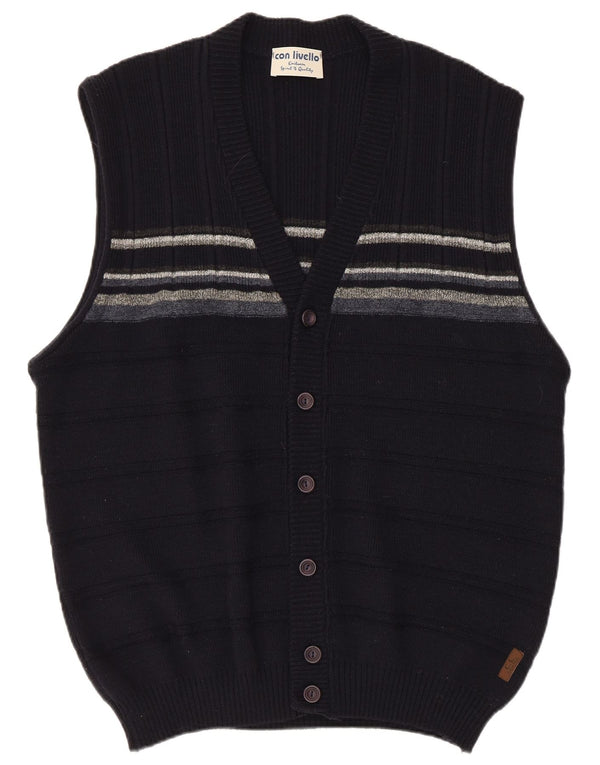 Maglione cardigan senza maniche vintage da uomo grande acrilico a strisce blu navy