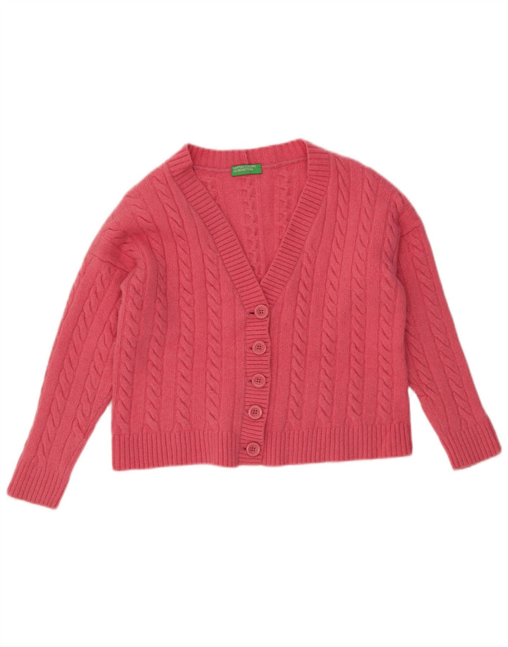 BENETTON Maglione cardigan corto da donna UK 14 Lana rosa medio