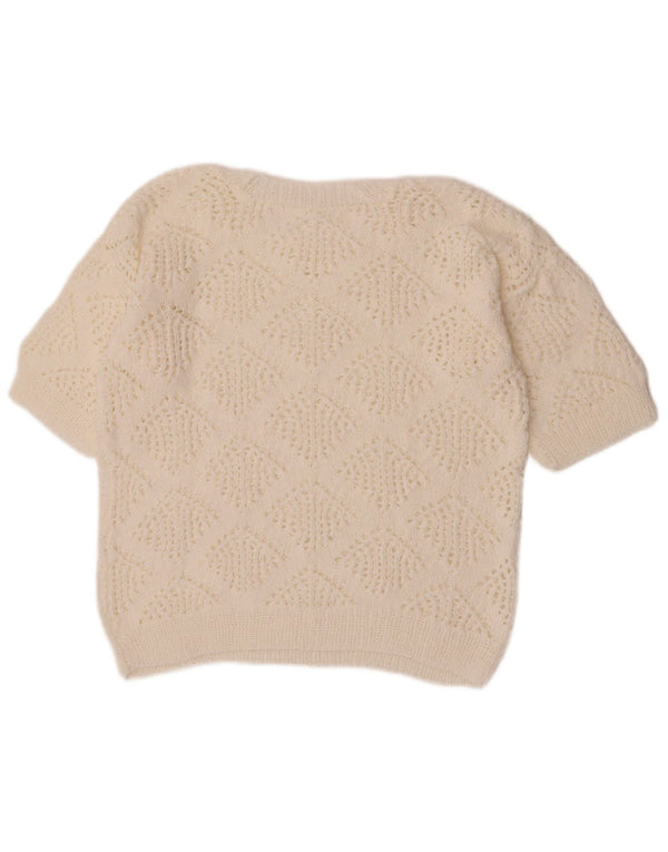 Maglione maglione girocollo corto da donna vintage UK 14 bianco medio