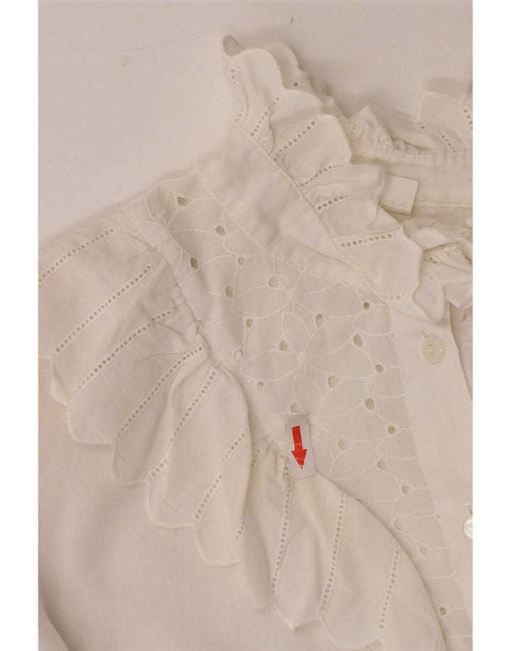 Camicetta vintage da donna con maniche a 3/4 con volant sul davanti UK 12 Bianca media