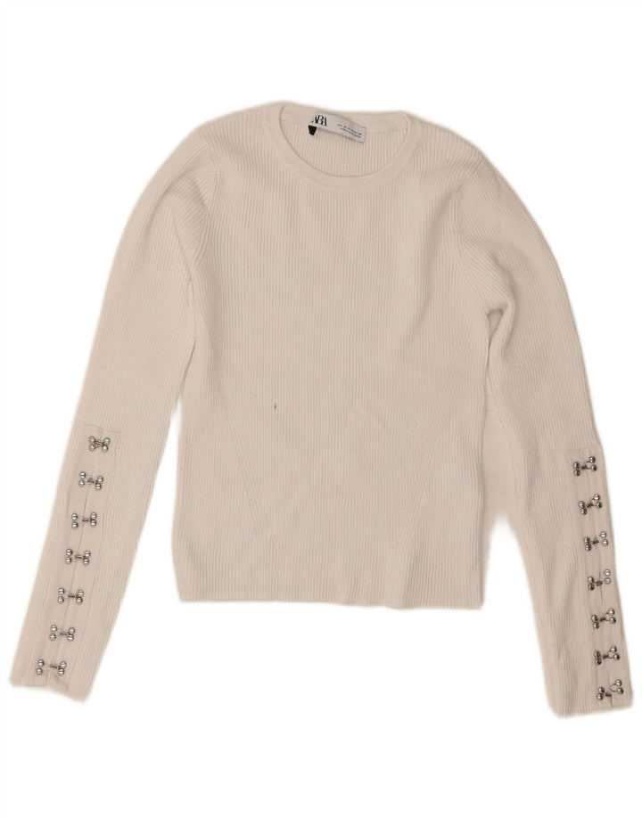 Maglione corto girocollo da donna Zara UK 12 Viscosa bianca media