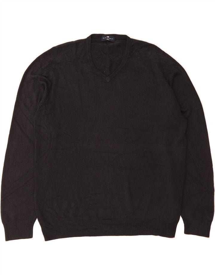 MARKS & SPENCER Mens V-Neck Jumper Sweater XL Navy Blue Acrylic Vintage Marks & Spencer and Second-Hand Marks & Spencer from Messina Hembry 