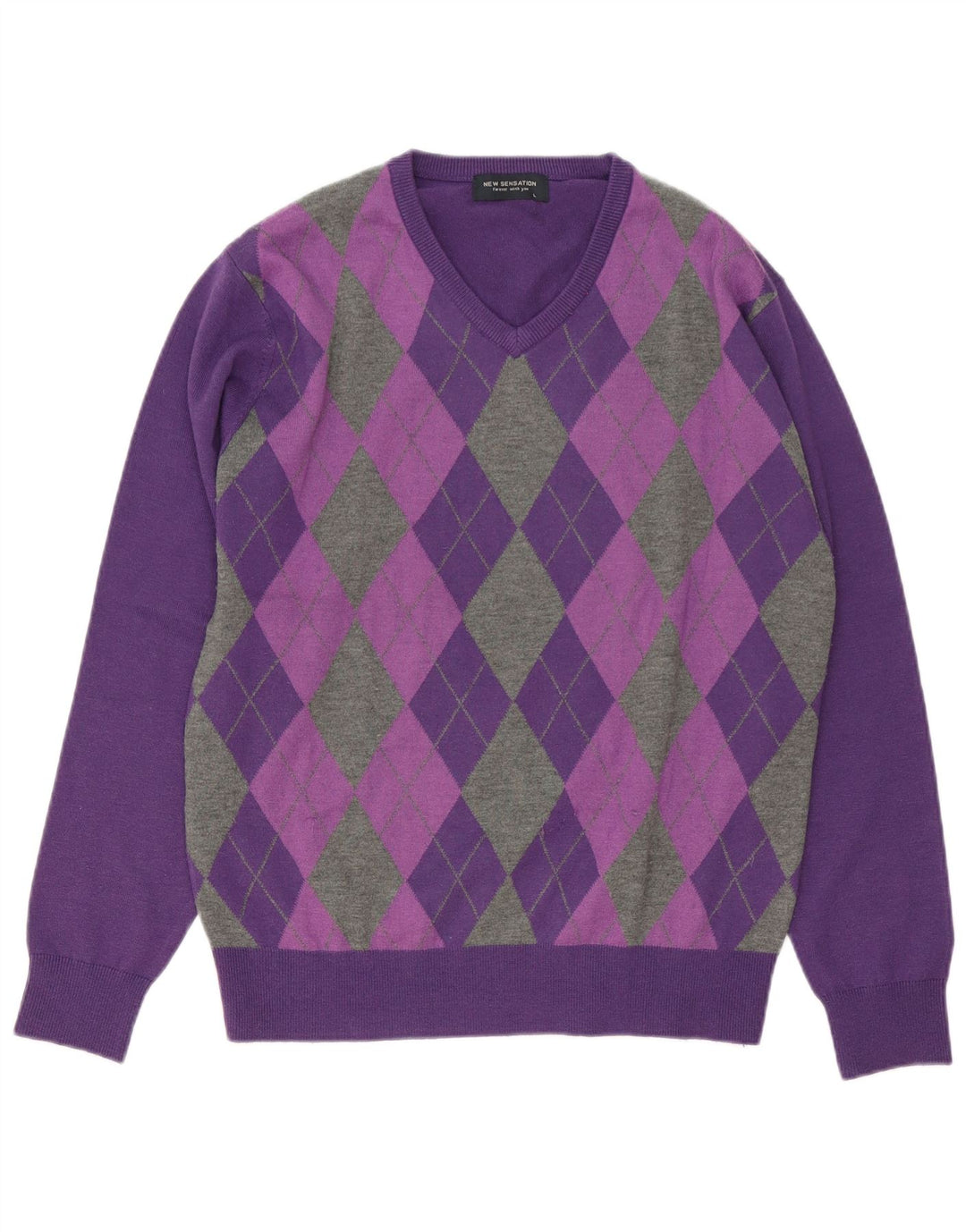 Maglione da uomo con scollo a V New Sensation, grande lana a rombi/diamante viola