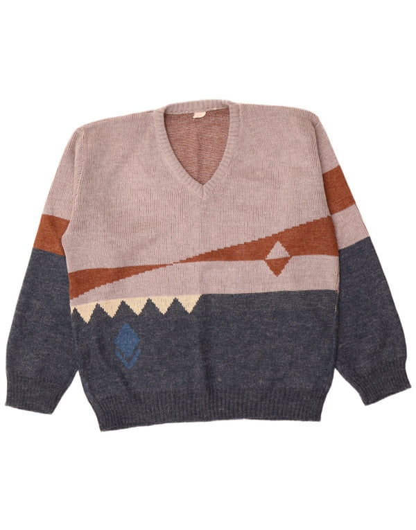 Maglione vintage da uomo con scollo a V IT 56 XL Blu navy color block