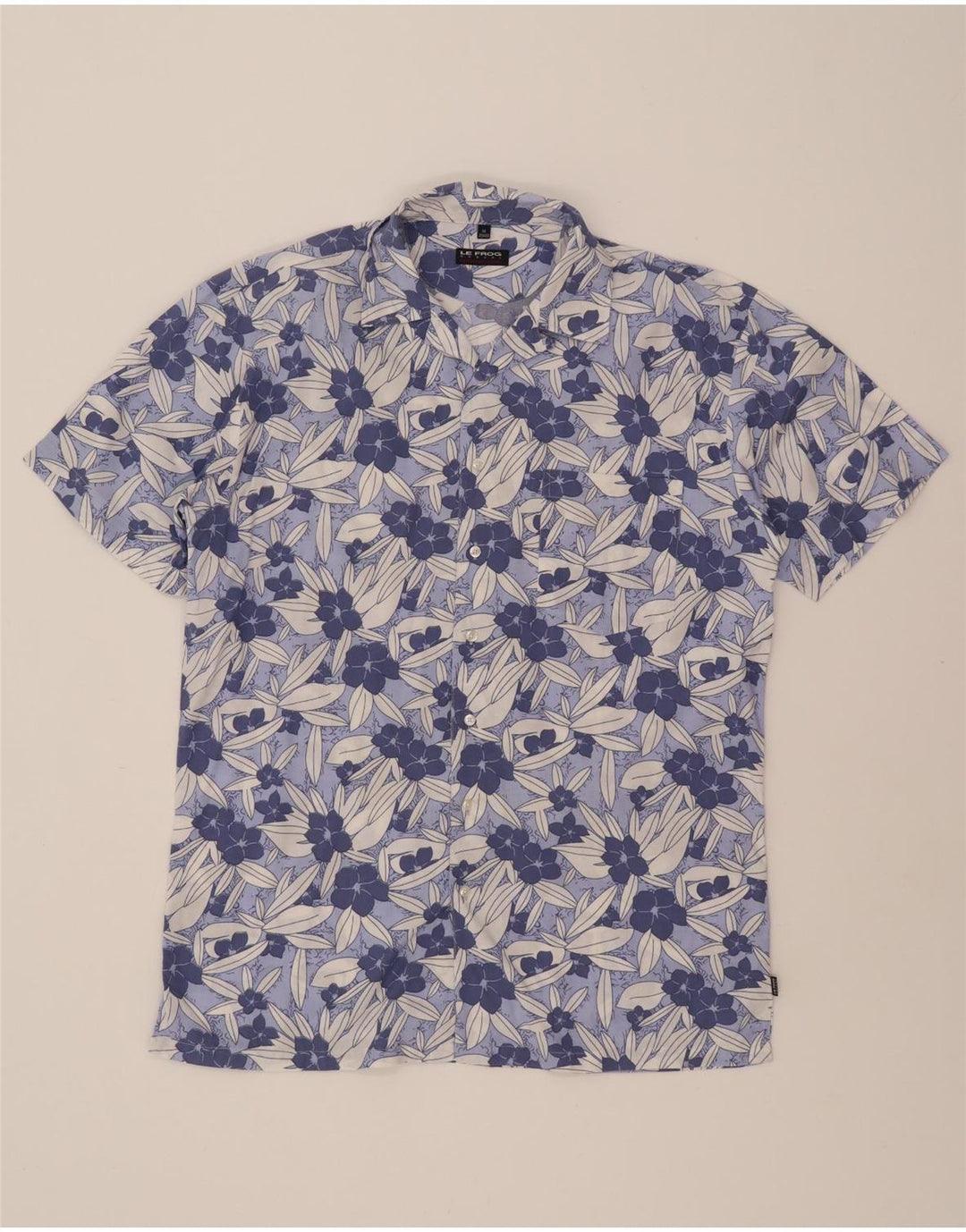 LE FROG Mens Short Sleeve Shirt Size 39/40 Medium Blue Floral Vintage Le Frog and Second-Hand Le Frog from Messina Hembry 
