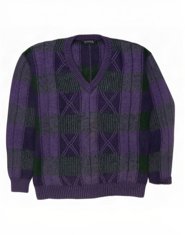 Maglione vintage da uomo con scollo a V XL viola a quadri