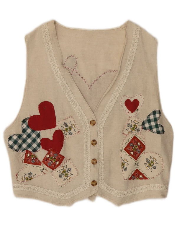 Gilet da donna vintage UK 14 Cuore di cotone floreale beige medio