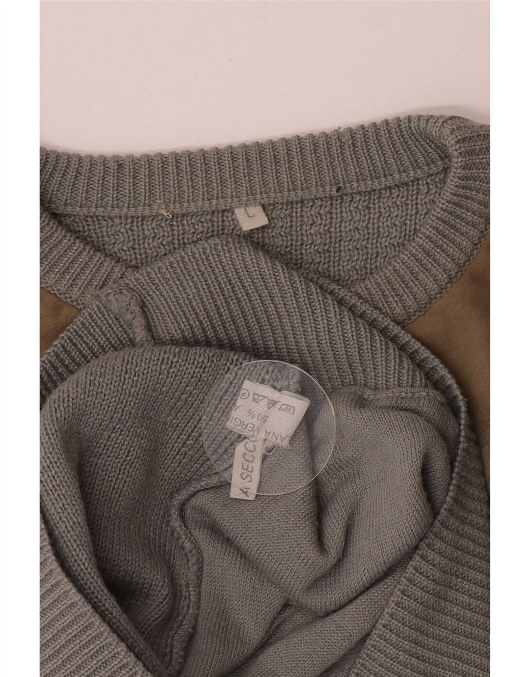 Maglione girocollo da uomo vintage in lana color block grigio grande
