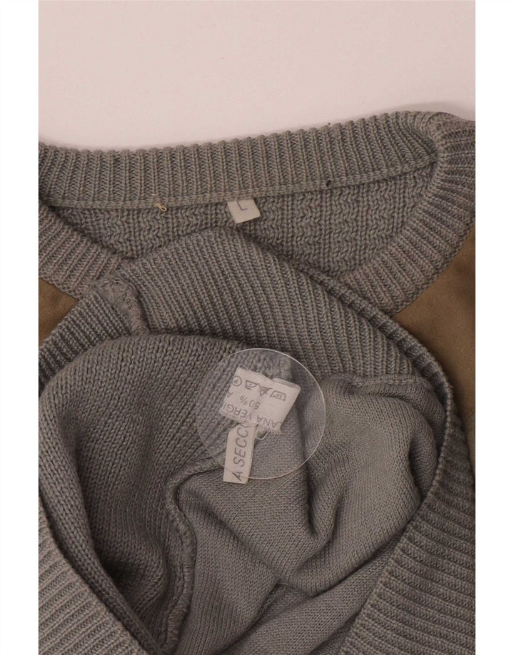 Maglione girocollo da uomo vintage in lana color block grigio grande