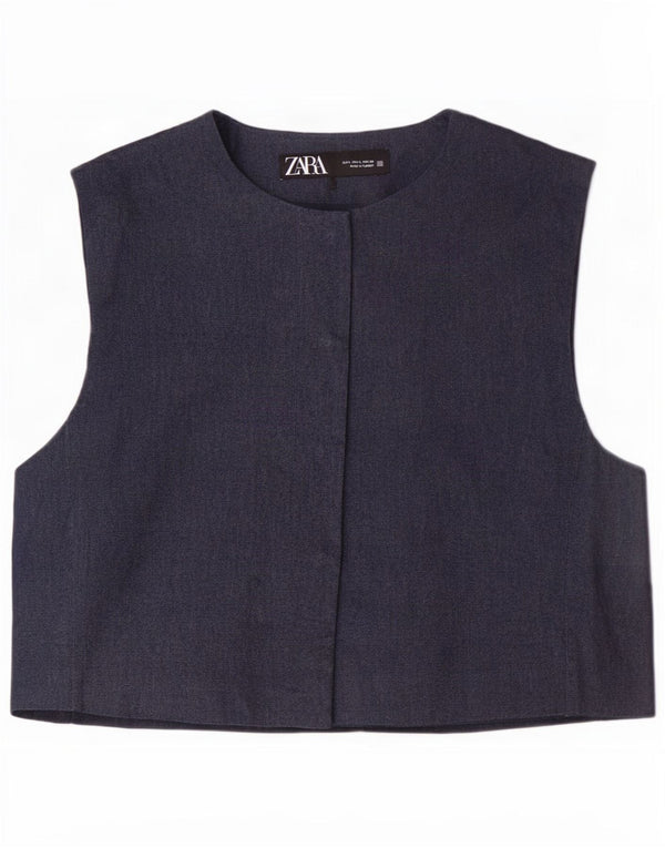 Gilet corto in denim da donna Zara UK 14 grande cotone blu navy