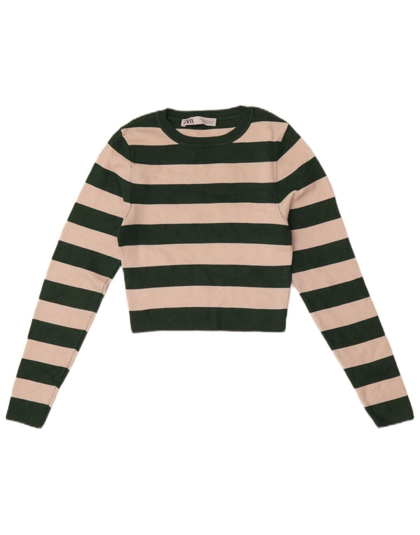 Top corto da donna Zara a maniche lunghe UK 12 Viscosa a righe verde medio