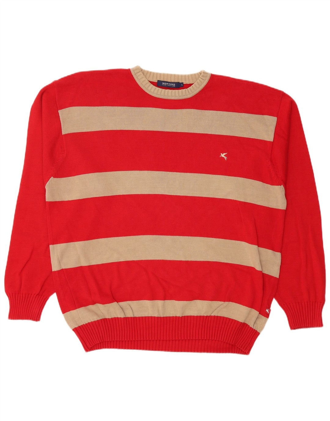 VINTAGE Mens Crew Neck Jumper Sweater Large Red Striped Cotton