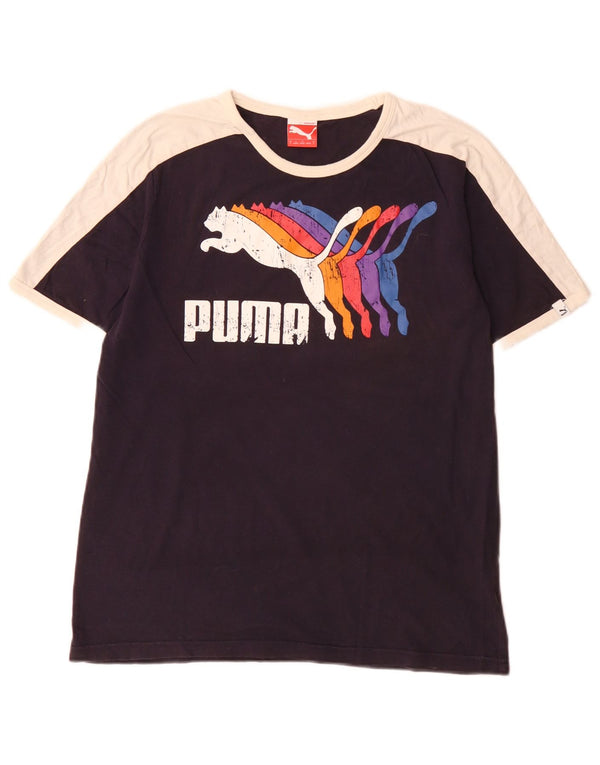 T-shirt grafica da uomo Puma Top Small in cotone color block blu navy