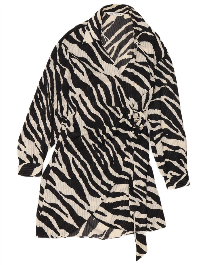 Abito a portafoglio da donna a maniche lunghe ZARA UK 12 medio nero stampa animalier
