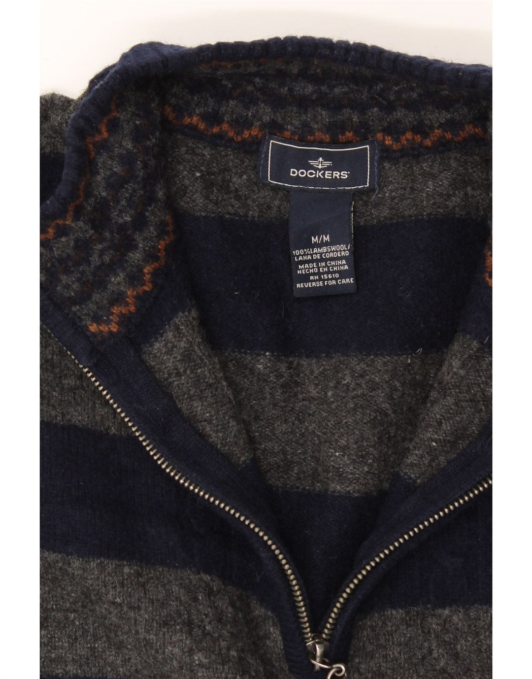 DOCKERS Womens Zip Neck Jumper Sweater UK 14 Medium Navy Blue Striped Vintage Dockers and Second-Hand Dockers from Messina Hembry 