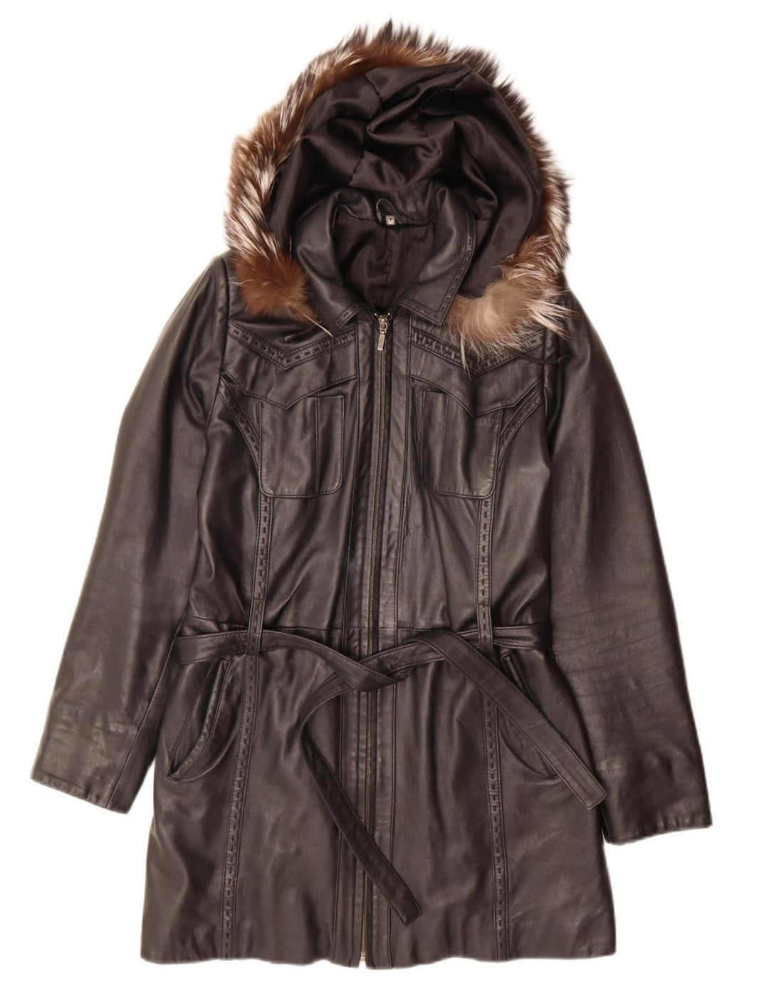 Cappotto in pelle con cappuccio da donna vintage UK 14 medio nero