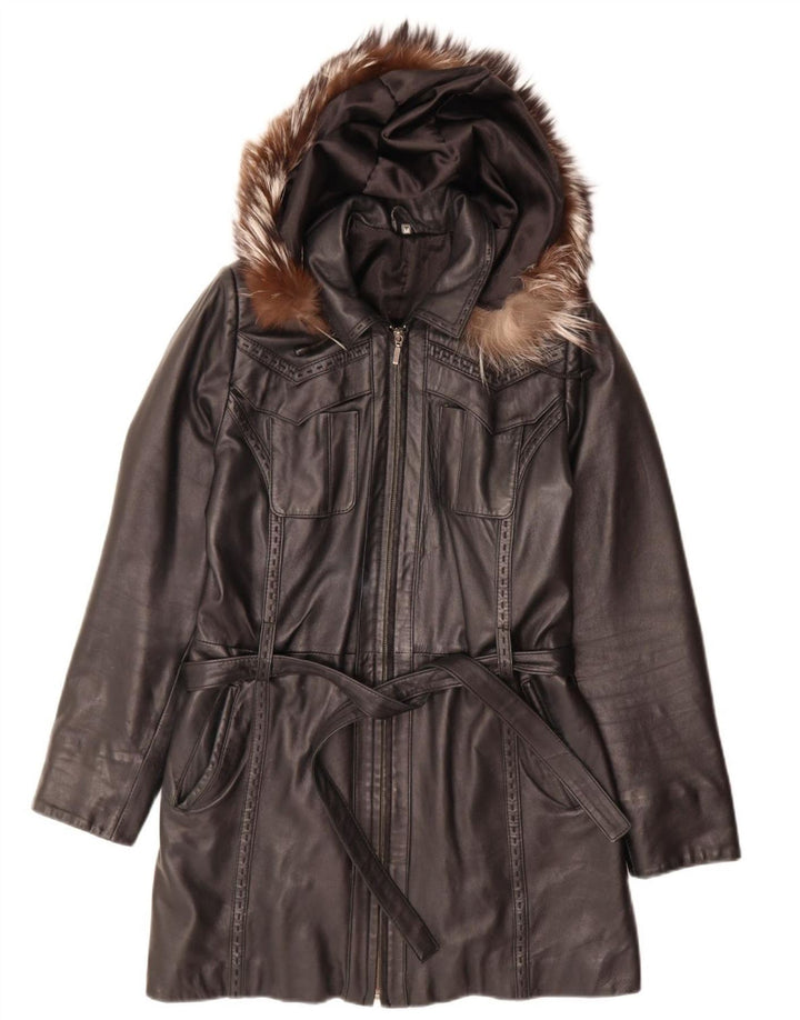 Cappotto in pelle con cappuccio da donna vintage UK 14 medio nero