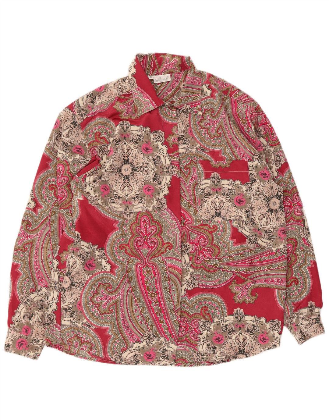 Camicetta camicia oversize da donna vintage UK 10 piccolo poliestere Paisley rosso