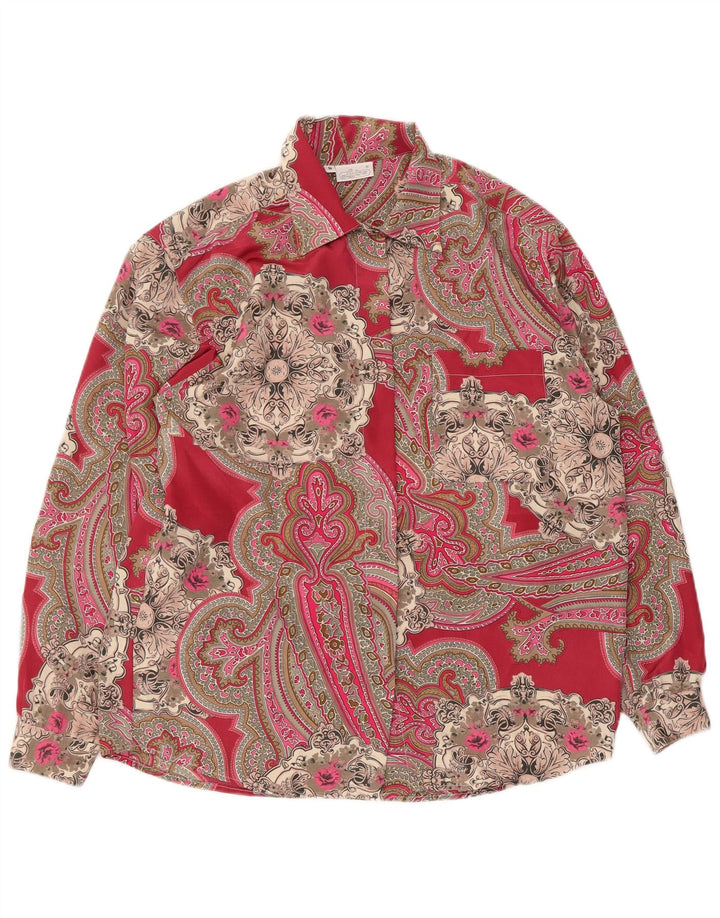 Camicetta camicia oversize da donna vintage UK 10 piccolo poliestere Paisley rosso