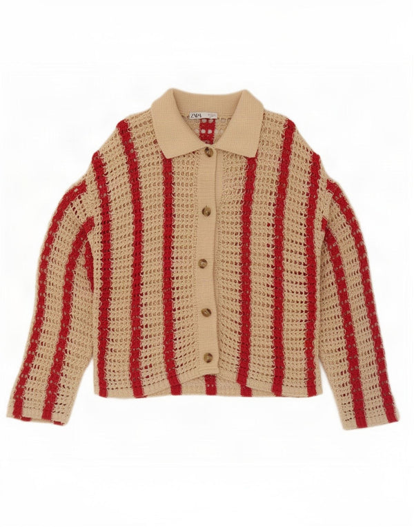 Maglione cardigan oversize all'uncinetto da donna Zara UK 10 piccolo beige a righe