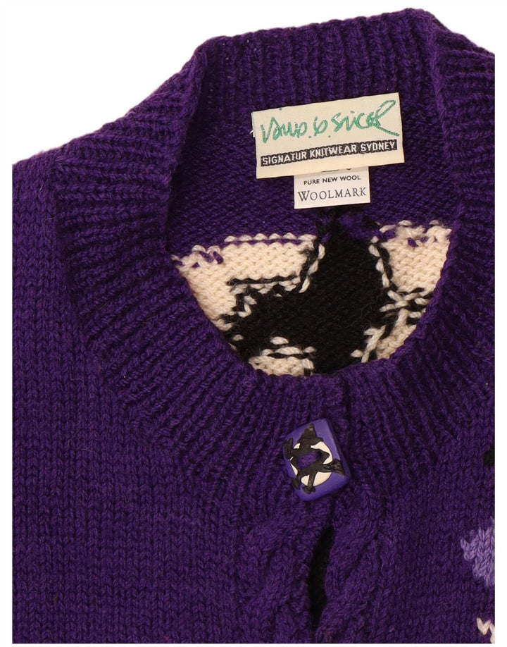 Maglione cardigan grafico da donna VINTAGE UK 20 2XL Lana color block viola