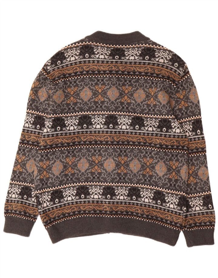Maglione cardigan vintage da uomo grande lana Fair Isle grigia