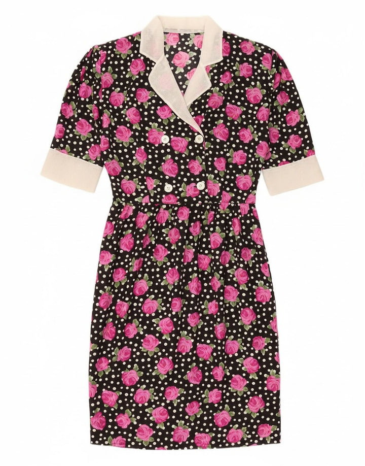 Abito aderente vintage da donna IT 46 Grande poliestere floreale nero