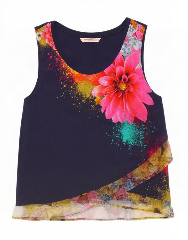 Desigual Camicetta senza maniche grafica da donna Top UK 20 2XL Blu navy floreale