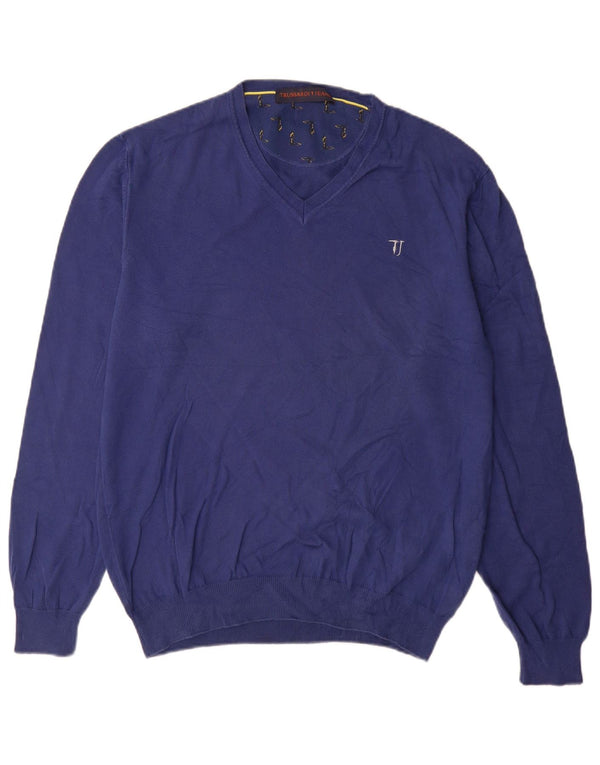 Maglione Trussardi Jeans Uomo Scollo a V XL Cotone Blu