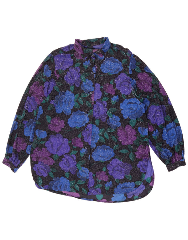 Camicetta oversize da donna vintage UK 16 grande floreale blu