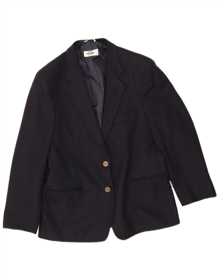 Giacca blazer vintage da donna con maniche a 3/4 e 2 bottoni IT 46 grande in lana blu navy