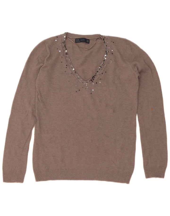 Maglione maglione con scollo a V da donna Zara UK 14 Marrone medio