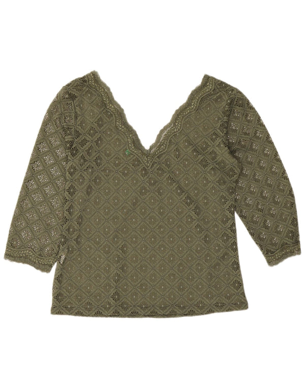 Benetton Camicetta in pizzo con maniche a 3/4 da donna Top UK 12 Medio Cachi geometrico