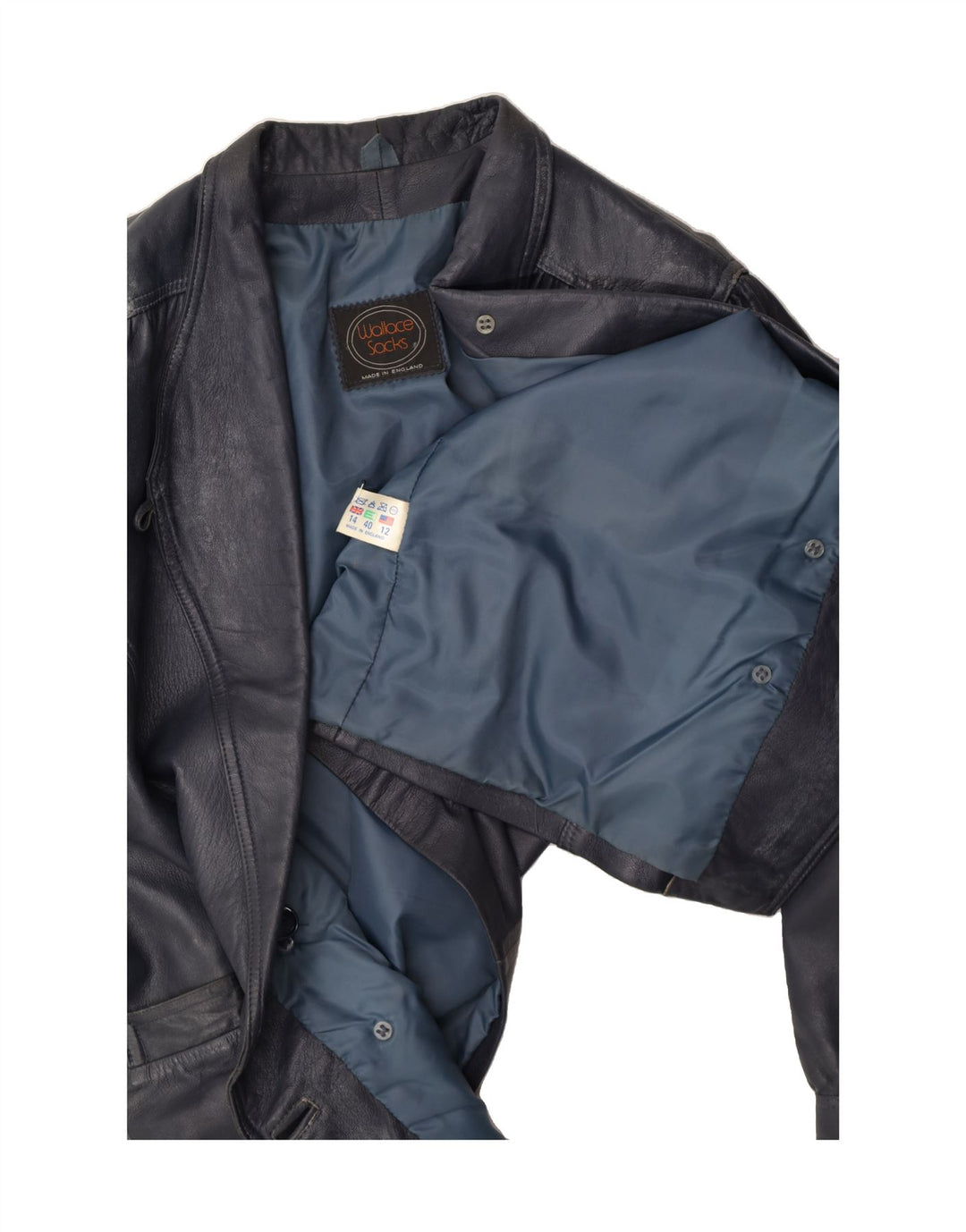 WALLACE SACKS Womens Double Breasted Jacket UK 14 Large Navy Blue Leather Vintage Wallace Sacks and Second-Hand Wallace Sacks from Messina Hembry 