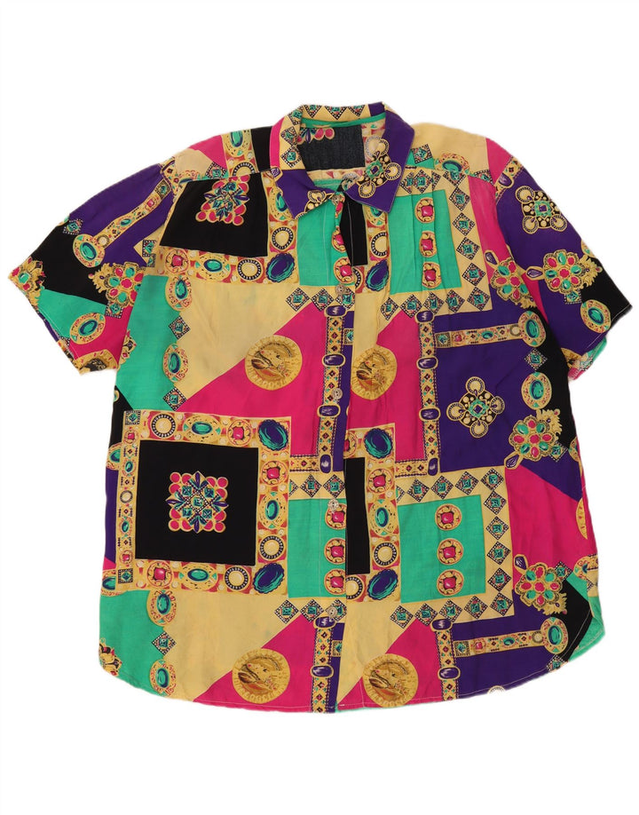 Camicetta camicia a maniche corte da donna vintage UK 20 2XL Patchwork multicolore