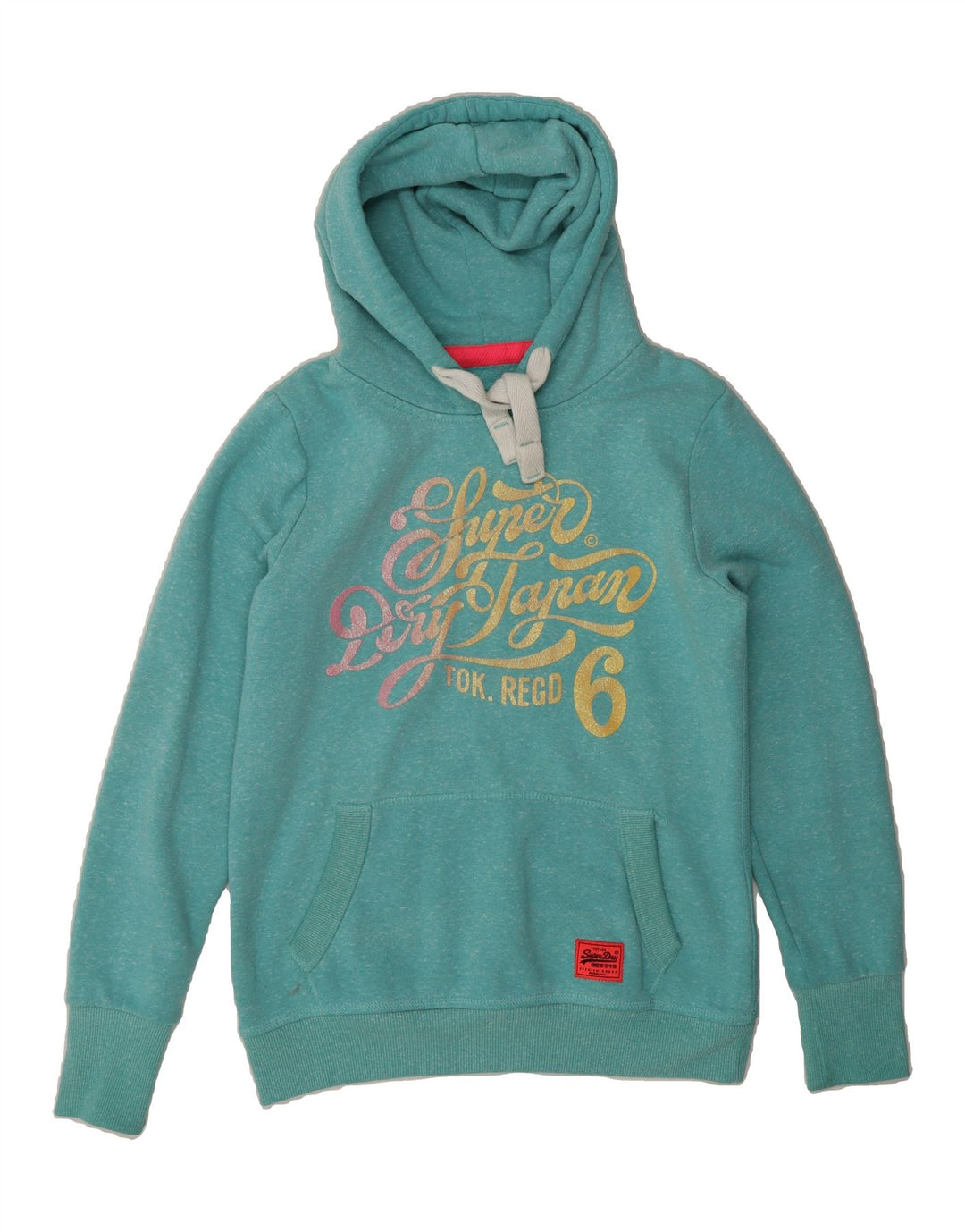 SUPERDRY Womens Graphic Hoodie Jumper UK 14 Medium Turquoise Polyester Vintage Superdry and Second-Hand Superdry from Messina Hembry 
