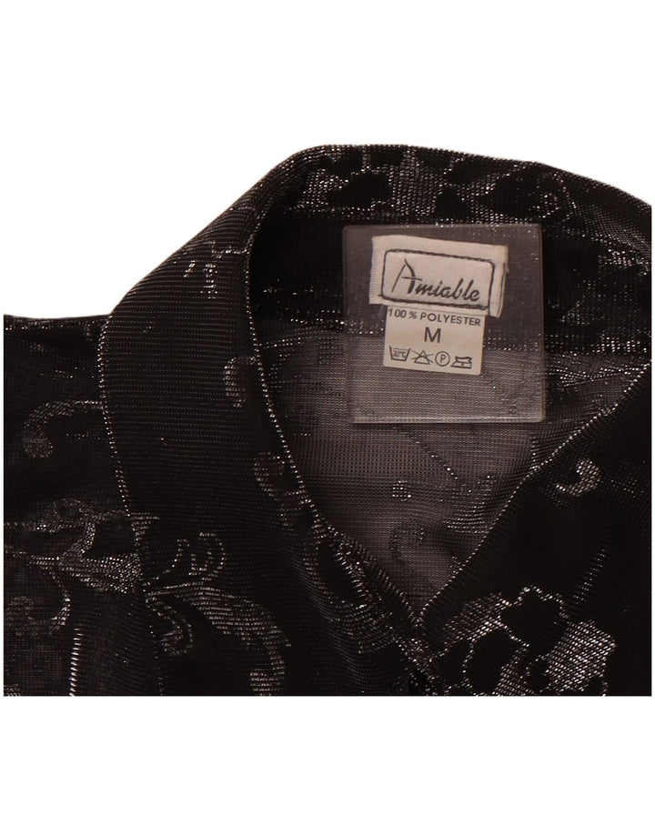 Camicetta camicia a maniche 3/4 da donna VINTAGE UK 14 medio nero floreale