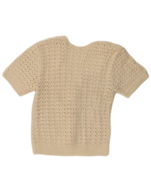 Maglione cardigan all'uncinetto a maniche corte da donna VINTAGE UK 10 piccolo beige