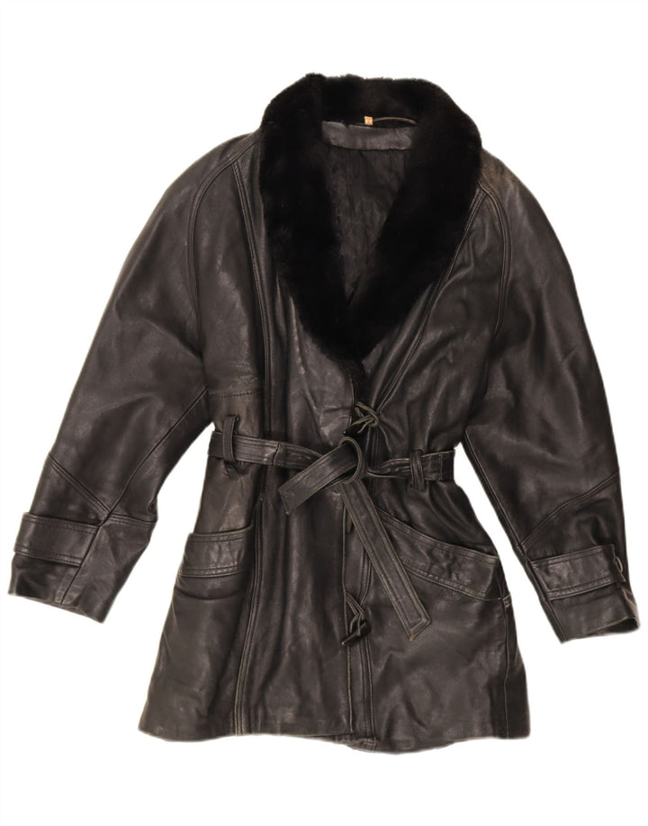 Giacca in pelle oversize da donna vintage UK 10 piccola in pelle nera