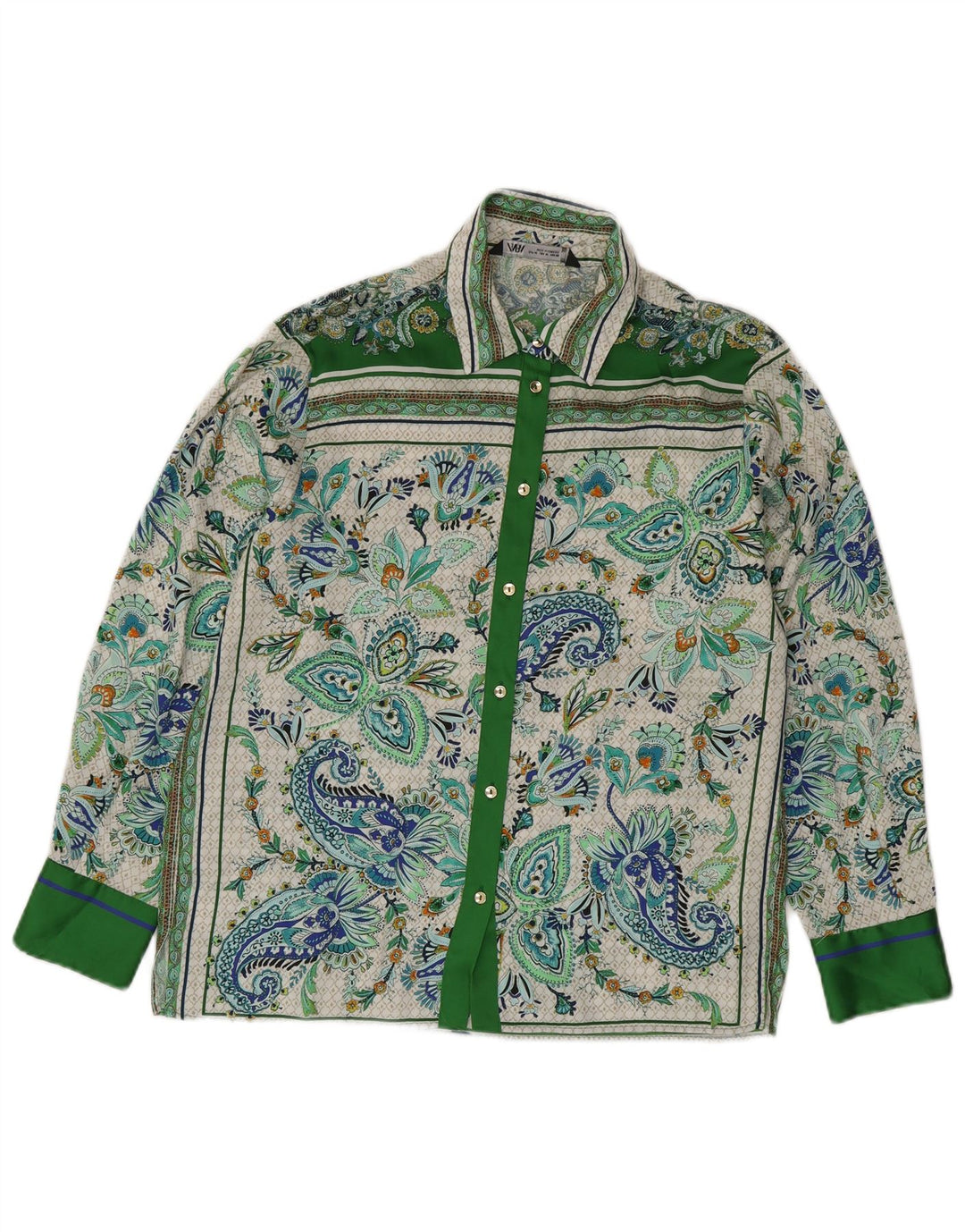 ZARA Camicia Camicetta da Donna UK 14 Poliestere Paisley Verde Medio