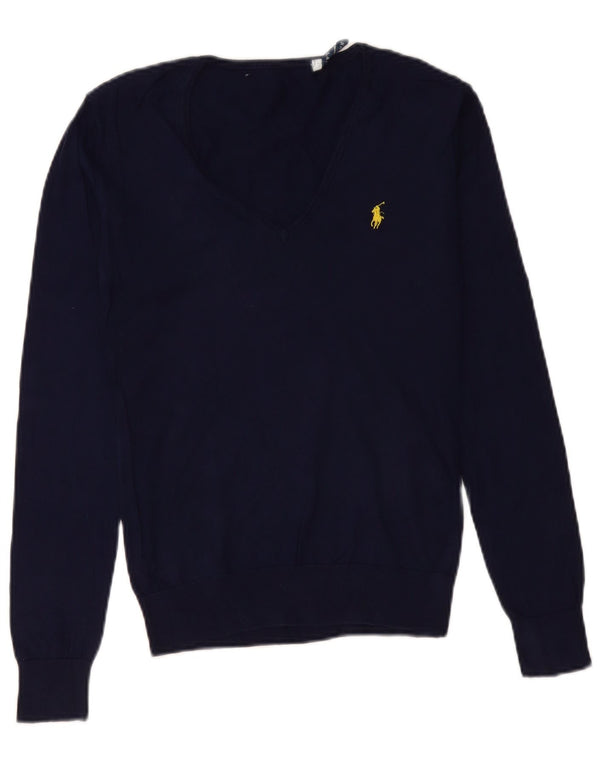 Maglione maglione con scollo a V da donna Ralph Lauren UK 12 Cotone medio blu navy