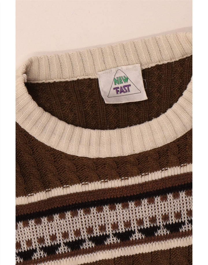 Nuovo maglione maglione con scollo a barca da uomo veloce marrone medio Fair Isle