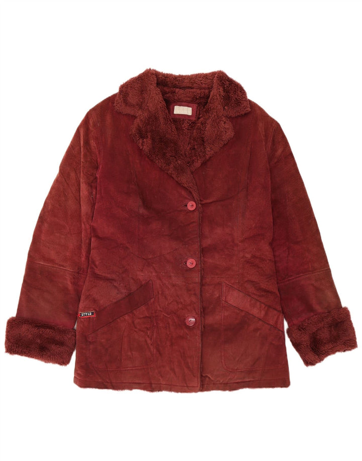 Giacca da donna in pelle scamosciata Sherpa VINTAGE UK 14 in pelle bordeaux media
