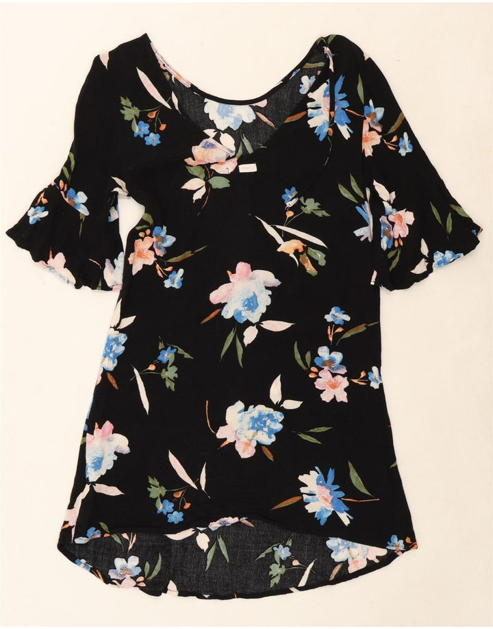 O'NEILL Womens Blouse Top UK 14 Large Black Floral Viscose Vintage O'Neill and Second-Hand O'Neill from Messina Hembry 